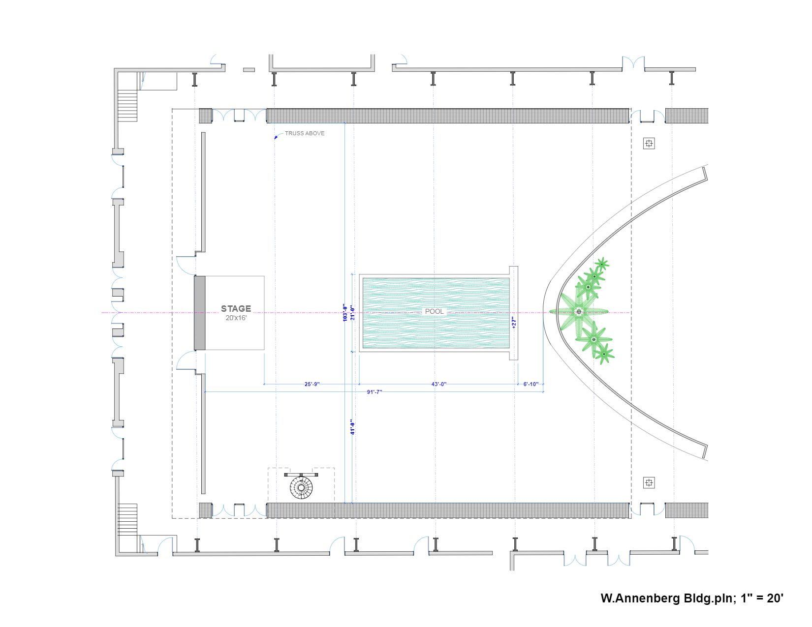 Blank Venue Diagram of the Wallis Annenberg Building Big Lab including measurements