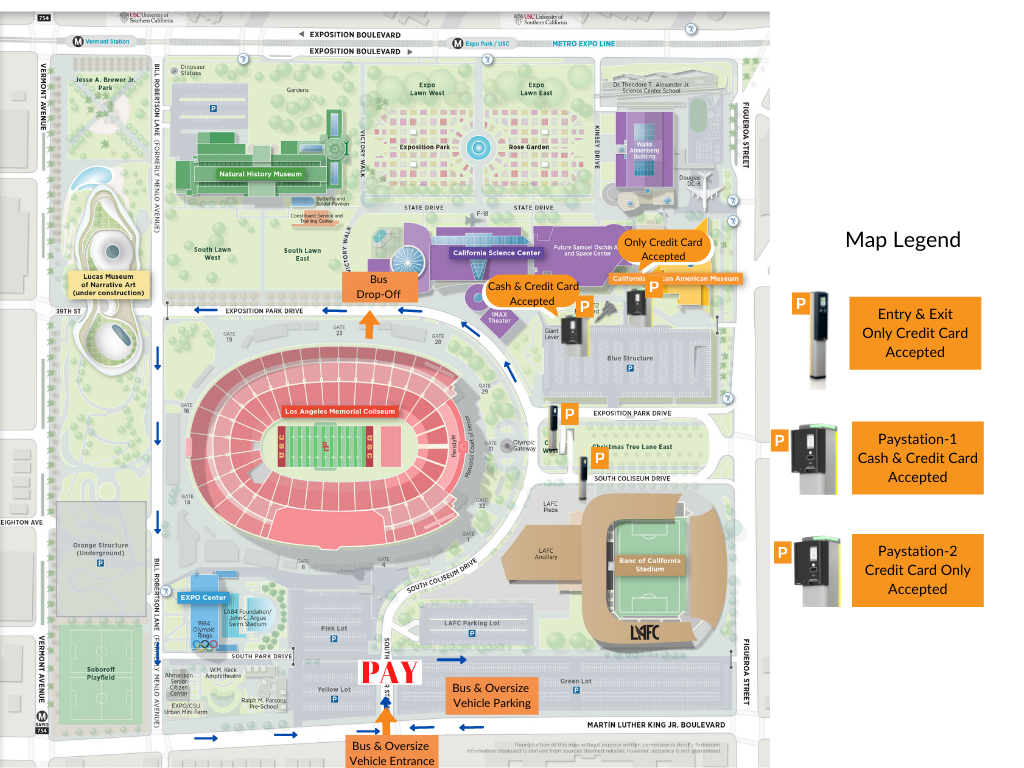 Exposition Park map showing the location of pay kiosks around the parking structure