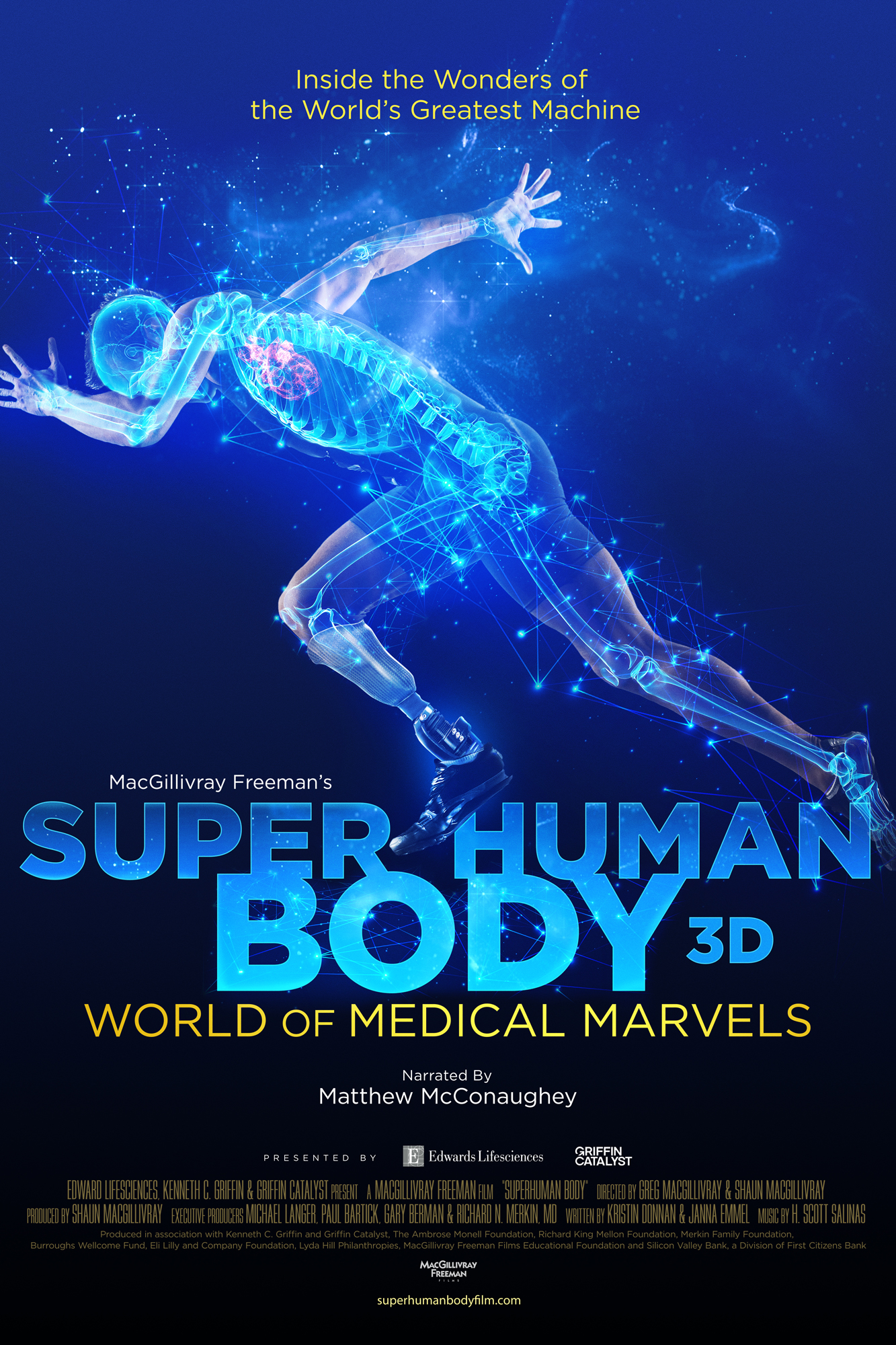 Superhuman Body 3D Key Art. A human skeleton (with a blue-ish aura around it simulating a human body) sprints. Underneath, the movie title appears. 