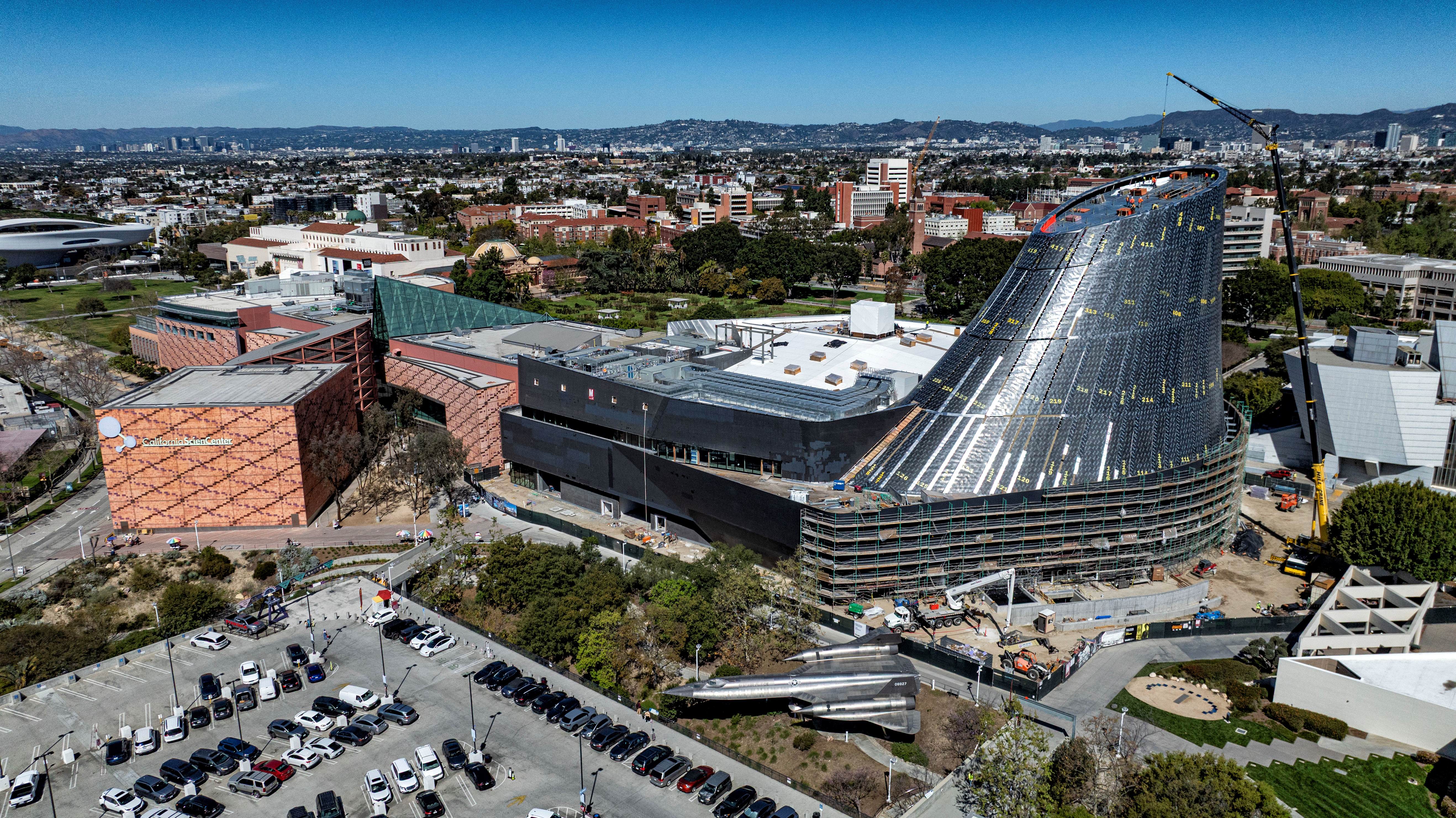 Exterior shot of Samuel Oschin Air and Space Center under construction in March 2025