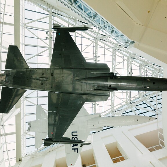 Underneath view of the F-20 Tigershark and Northrop T-38 Talon aircrafts from Edgerton Court