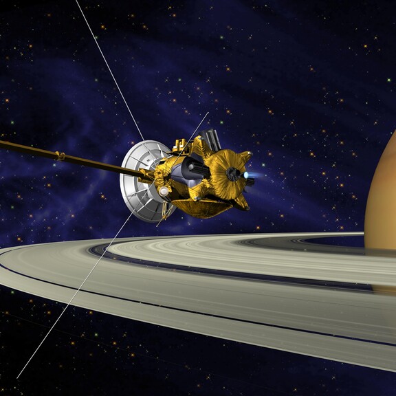 Artist's rendering of the Cassini space probe over Saturn's rings