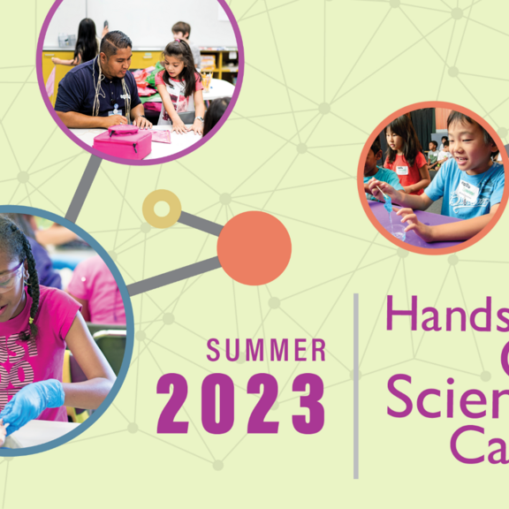 Hands-On Science Camp logo alongside images of campers participating in hands-on activities
