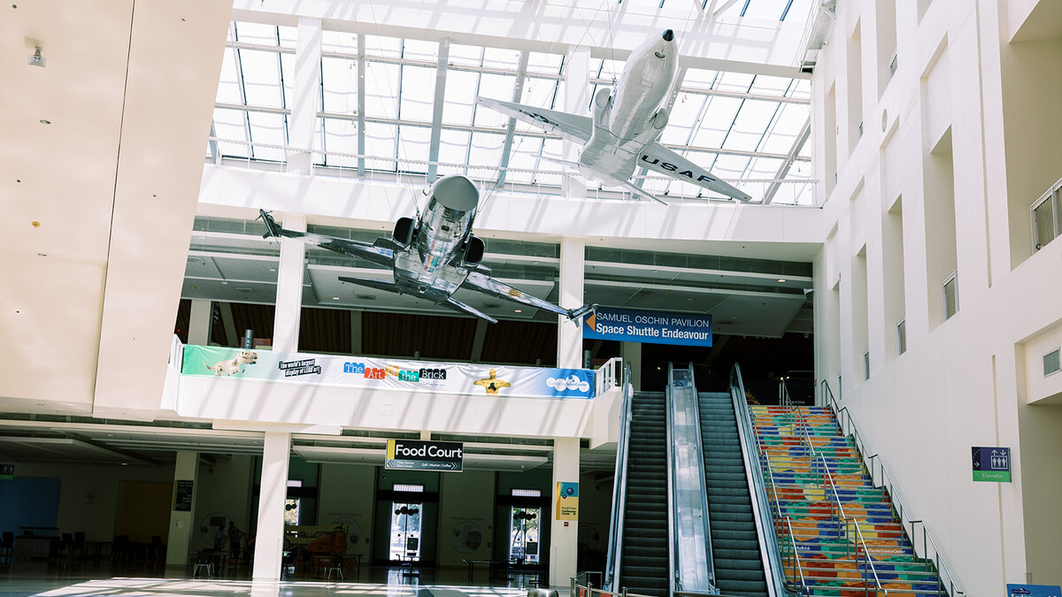 Empty Edgerton Court Science Center Lobby featuring the F-20 Tigershark and Northrop T-38 Talon aircrafts