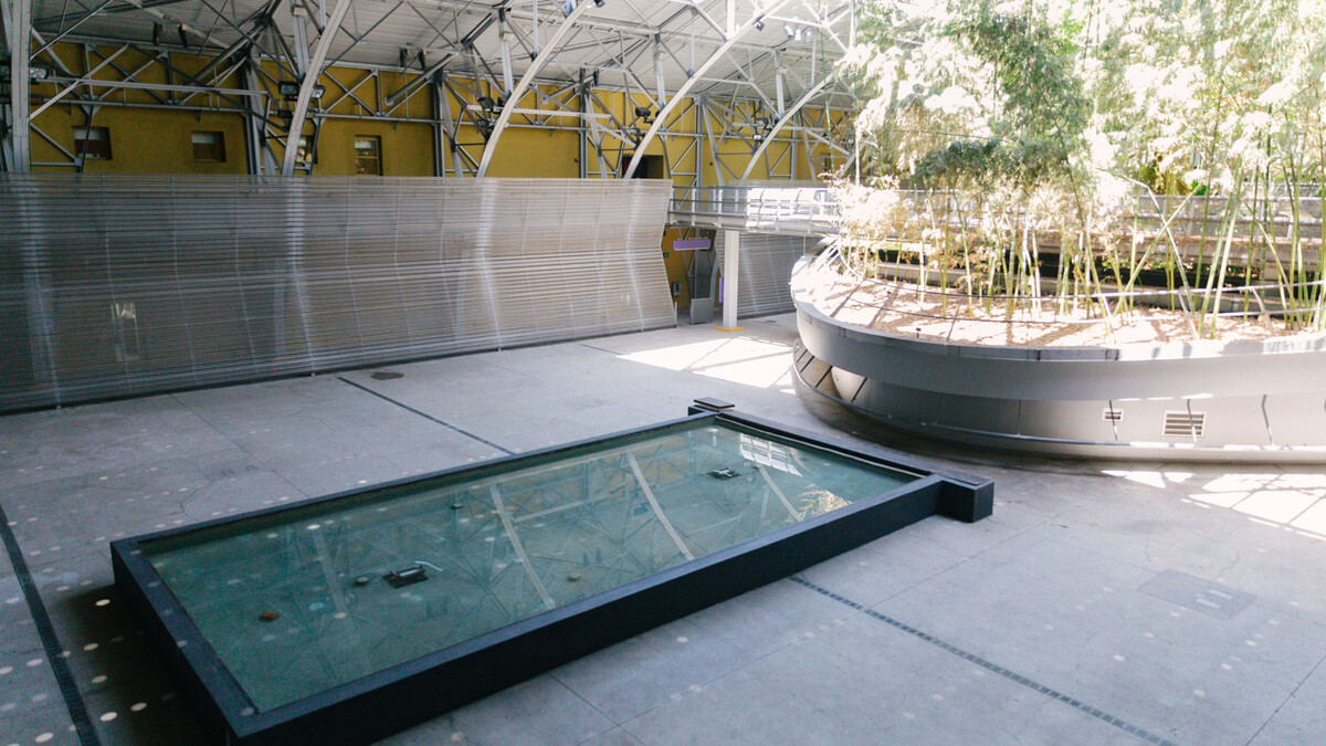 Overview of the empty Wallis Annenberg Building: Big Lab taken from SE corner, showing central fountain and upstairs bamboo terrace