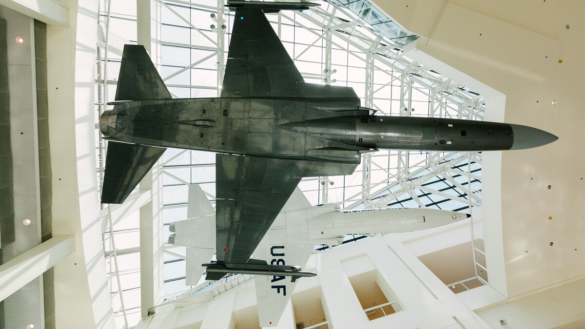 Underneath view of the F-20 Tigershark and Northrop T-38 Talon aircrafts from Edgerton Court