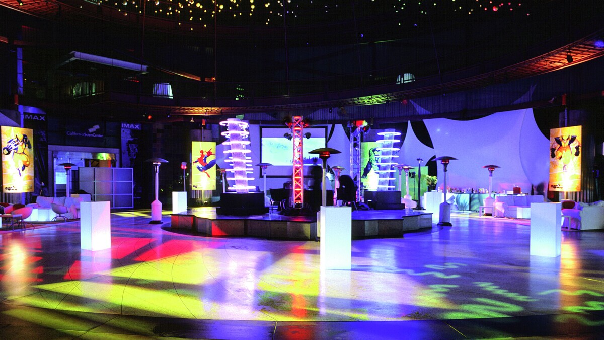 Lorsch Family Pavilion lit in bright neon for Marvel superhero dance party