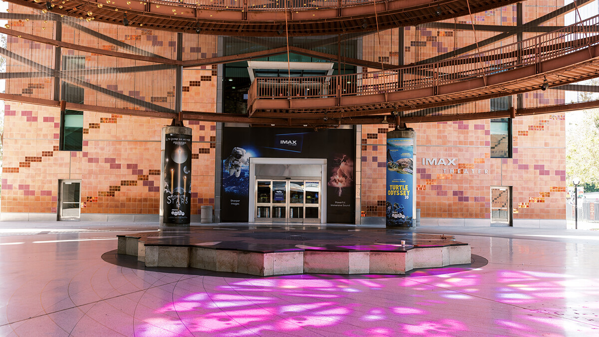 View of the DNA bench and IMAX Theater in the Lorsch Family Pavilion