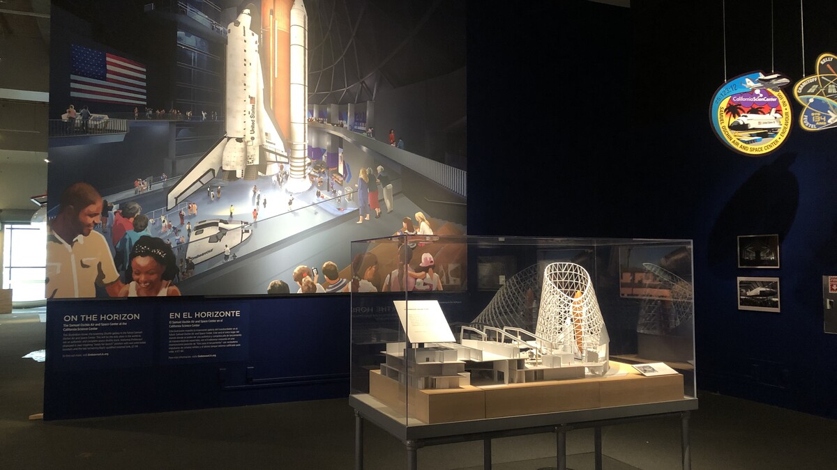 A large rendering of the planned Samuel Oschin Air and Space Center's Shuttle gallery