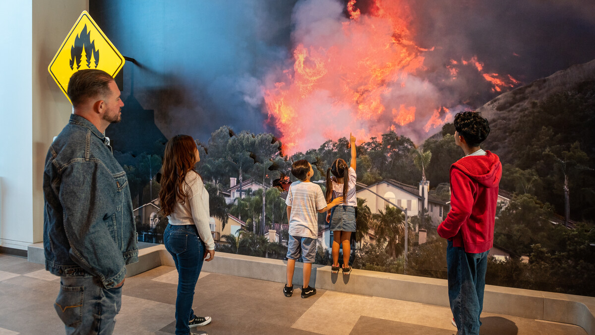 A family interacts with a large wildfire mural.