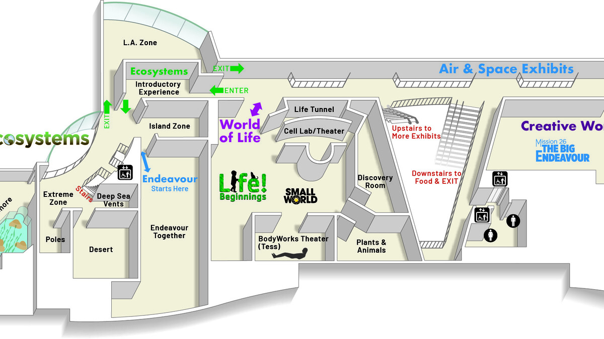 A map of the second floor of the California Science Center