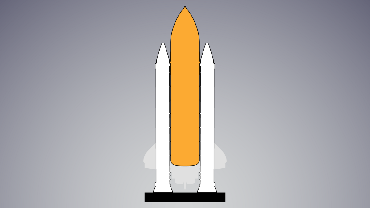 Illustration showing an outline of the full space shuttle stack standing on the ground with the SRBs and ET installed
