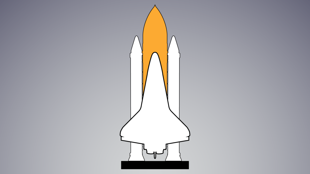 Illustration showing the full space shuttle stack standing on the ground