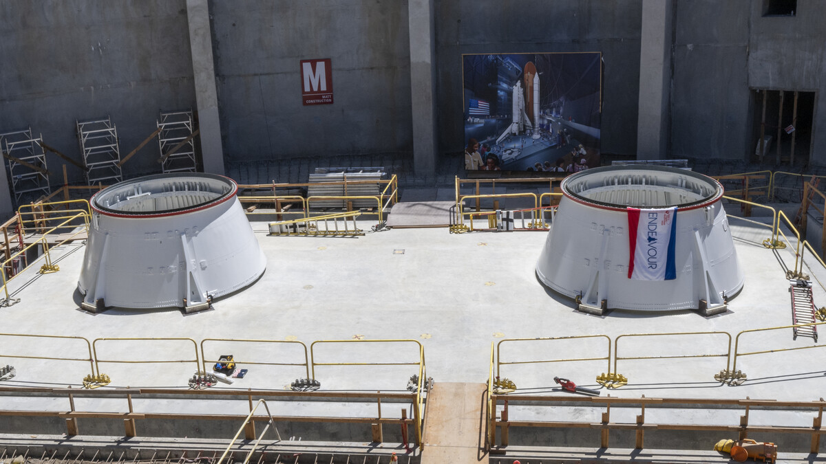 Solid rocket booster aft skirts in construction site