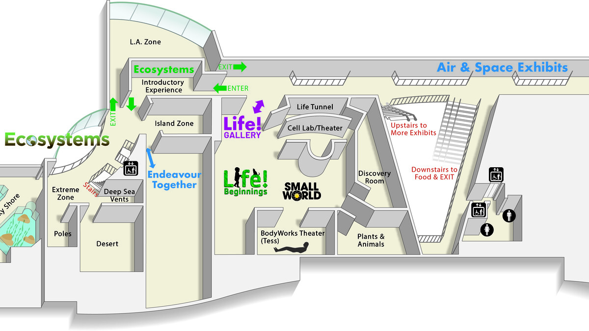 A map of the second floor of the California Science Center