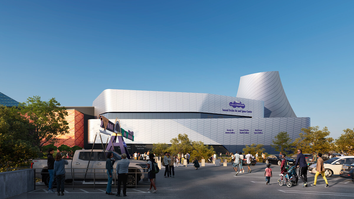 Architectural rendering of the Samuel Oschin Air and Space Center, as seen from the California Science Center's parking lot