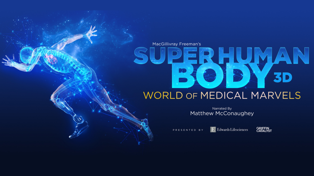 Key art for Superhuman Body 3D. A CGI skeleton runs with a bluish aura around it showing a low transparency body around the skeleton. To the right is the Superhuman Body 3D title, along with narration by Matthew McConaughey, and presenting partners.