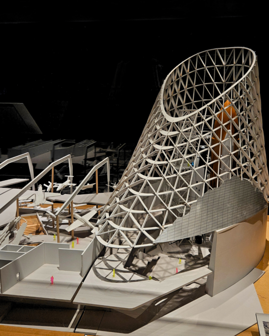 Architectural model of the future Samuel Oschin Air and Space Center featuring the space shuttle stack.