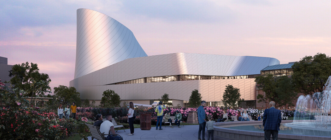Rendering of exterior of Samuel Oschin Air and Space Center as seen from the Rose Garden.